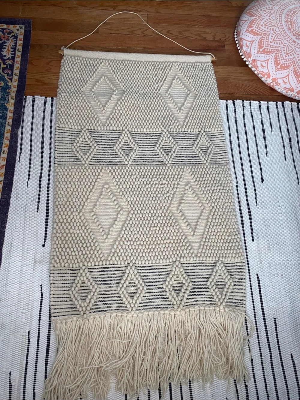 Handwoven Moroccan-Style Cream Macrame Wall Hanging with Black Accents